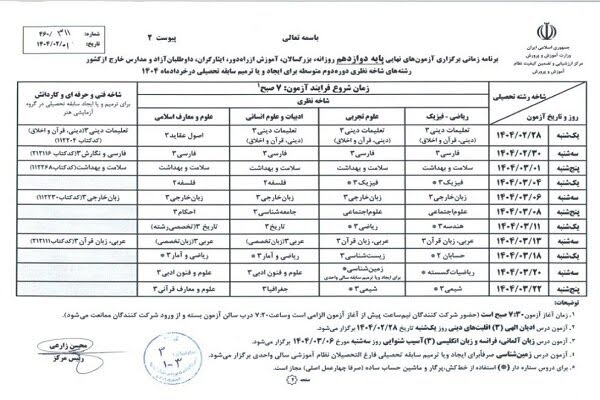 برنامه امتحانات نهایی منتشر شد؛ شروع آزمون‌ها از ۲۸ اردیبهشت