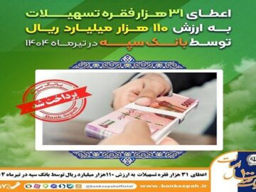 اعطای ۳۱ هزار فقره تسهیلات به ارزش ۱۱۰ هزار میلیارد ریال توسط بانک سپه