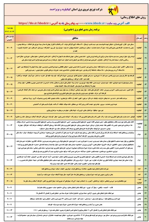 جدول خاموشی‌های برق کهگیلویه و بویراحمد در روز پنجشنبه