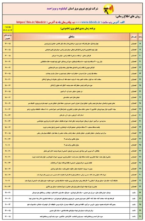 جدول خاموشی‌های برق کهگیلویه و بویراحمد در روز پنجشنبه