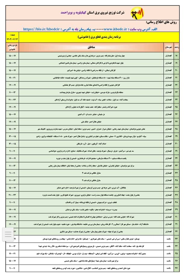 جدول خاموشی‌های برق کهگیلویه و بویراحمد در روز جمعه
