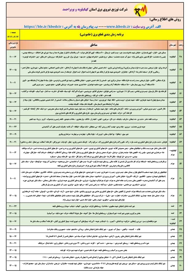 جدول خاموشی‌های برق کهگیلویه و بویراحمد در روز جمعه