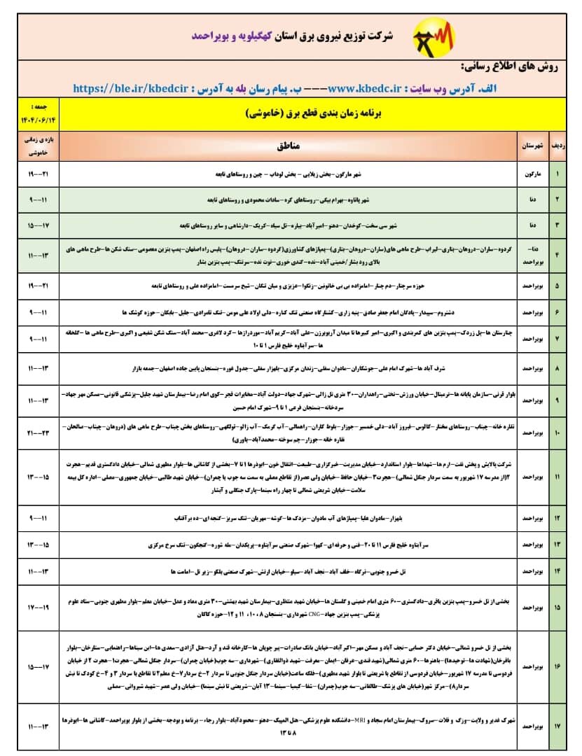 جدول خاموشی‌های برق کهگیلویه و بویراحمد در روز جمعه