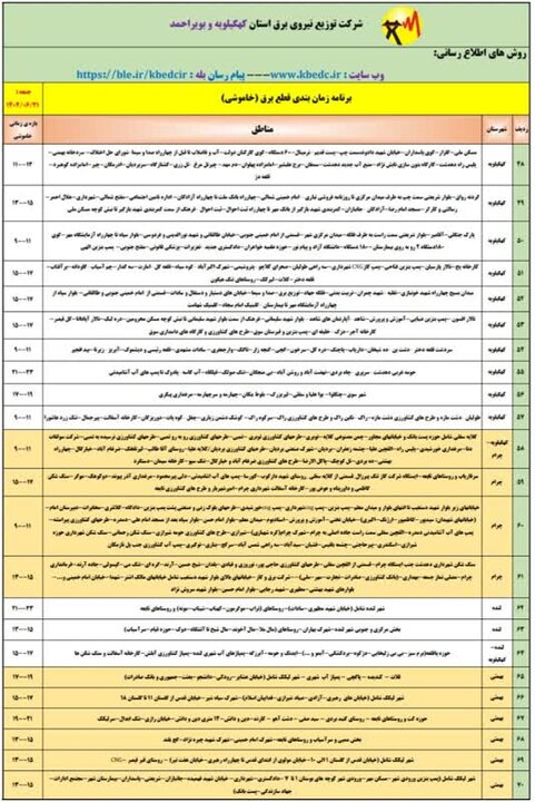 جدول خاموشی‌های برق کهگیلویه و بویراحمد در روز جمعه