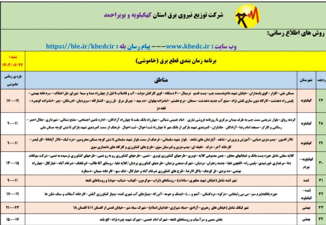جدول خاموشی‌های برق کهگیلویه و بویراحمد در روز شنبه